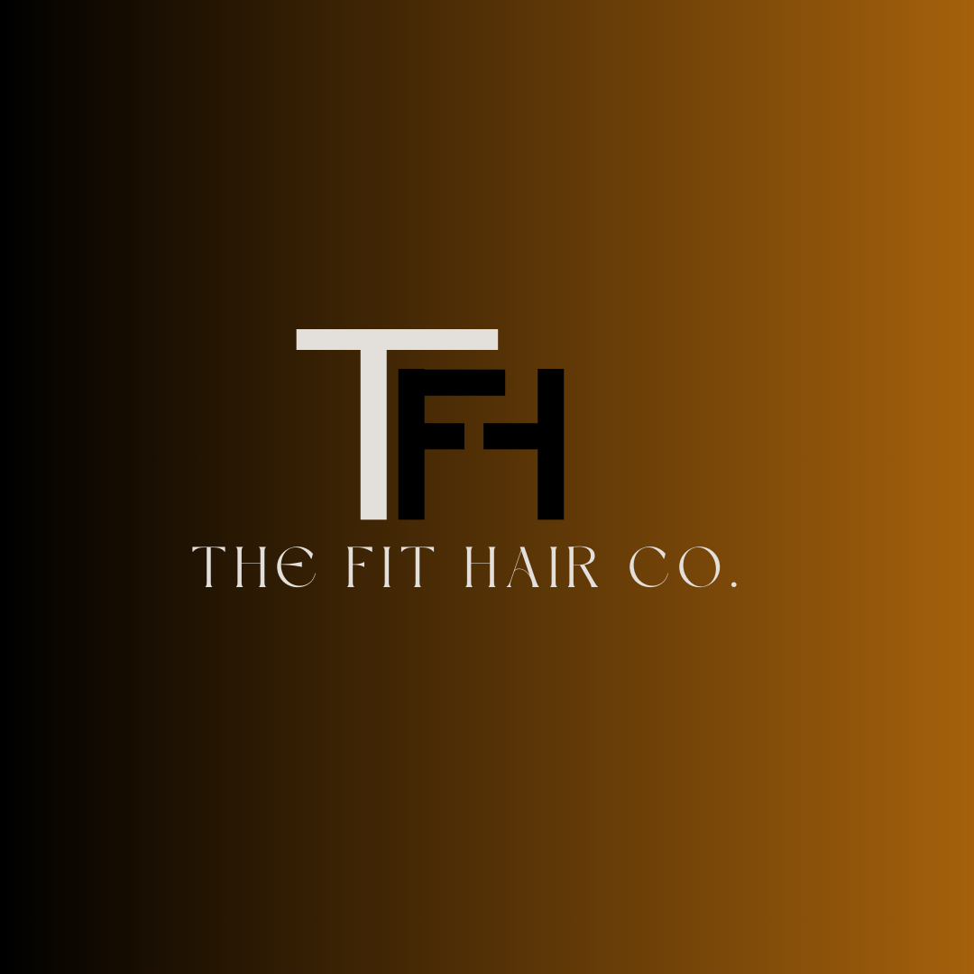 Logo of The Fit Hair Co. on a gradient brown background